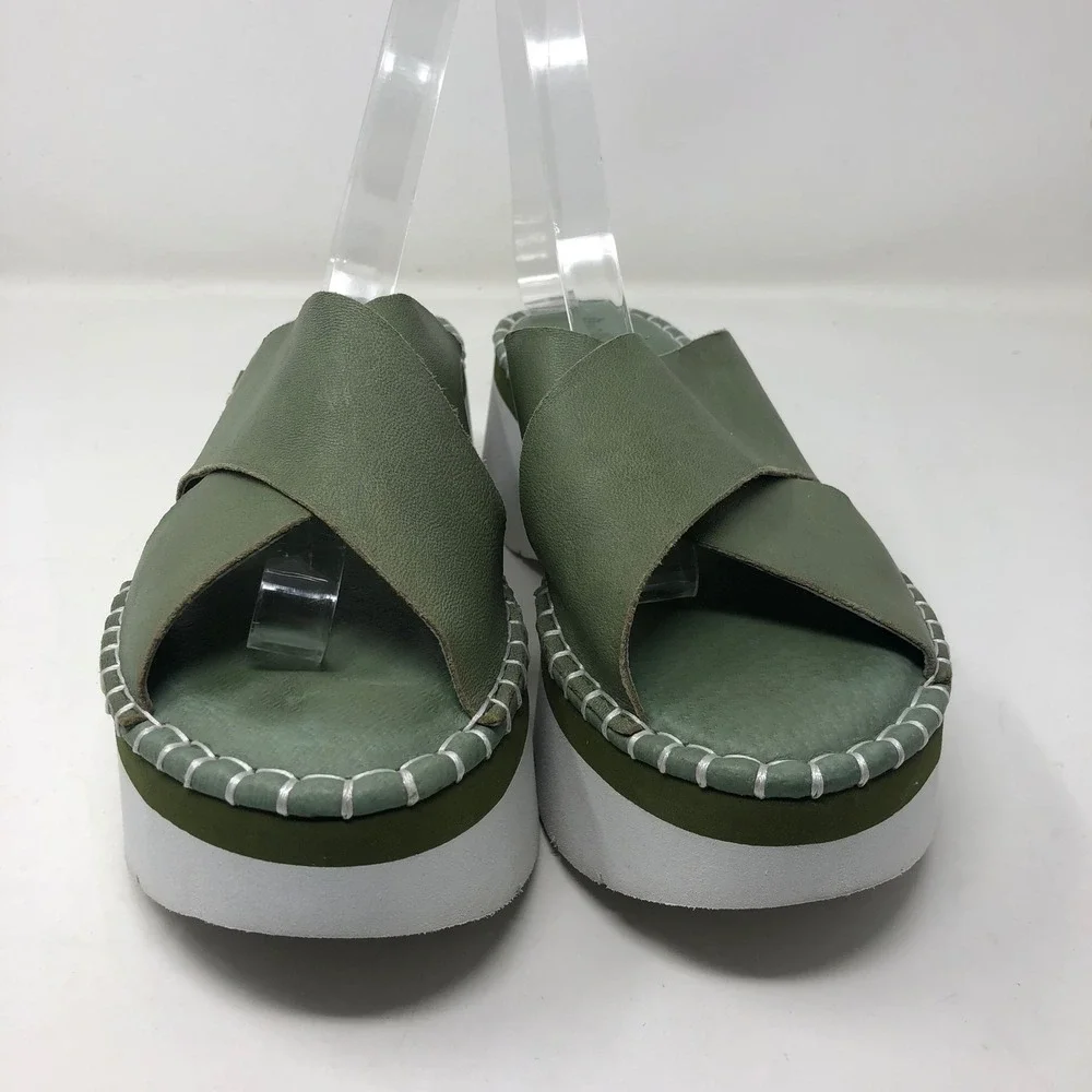Chocolat Blu Magic Platform Sandal Women 40 US 9 Green Leather Whipstitch Slide